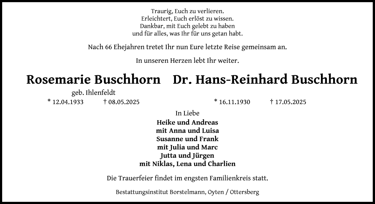 Traueranzeige von Hans-Reinhard Buschhorn von WESER-KURIER