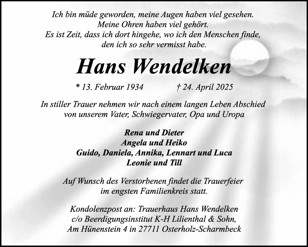 Traueranzeige von Hans Wendelken von Osterholzer Kreisblatt