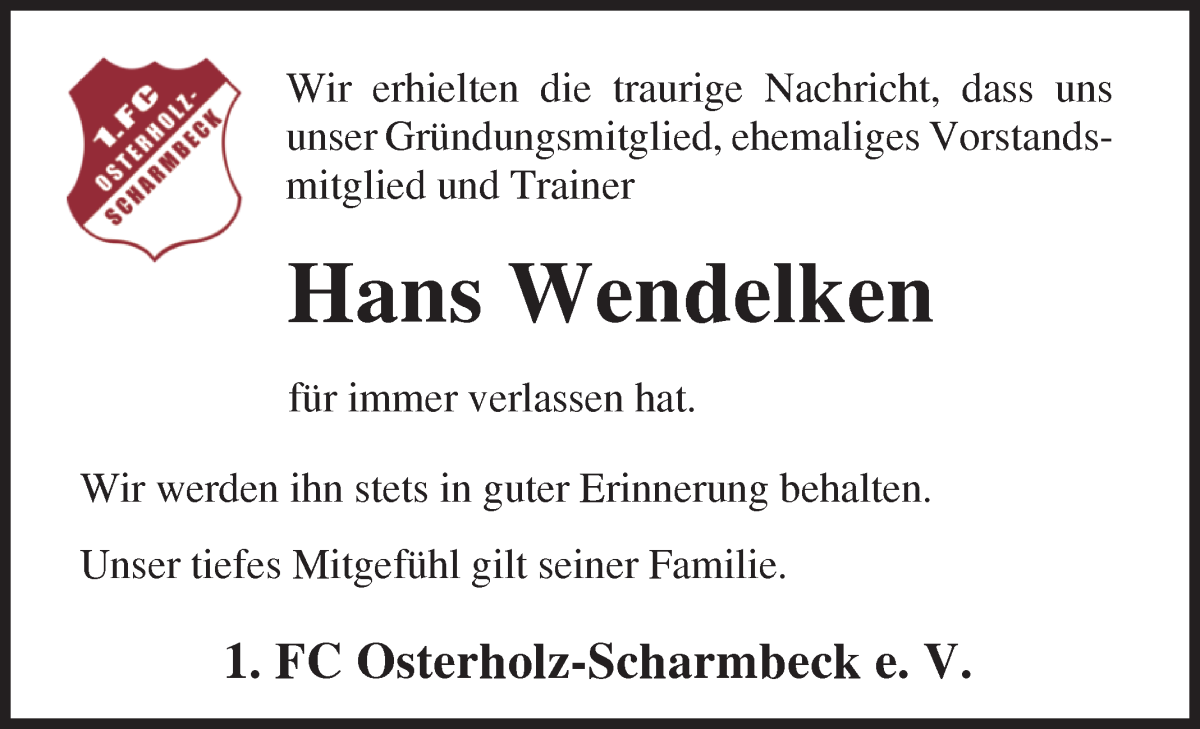 Traueranzeige von Hans Wendelken von Osterholzer Kreisblatt