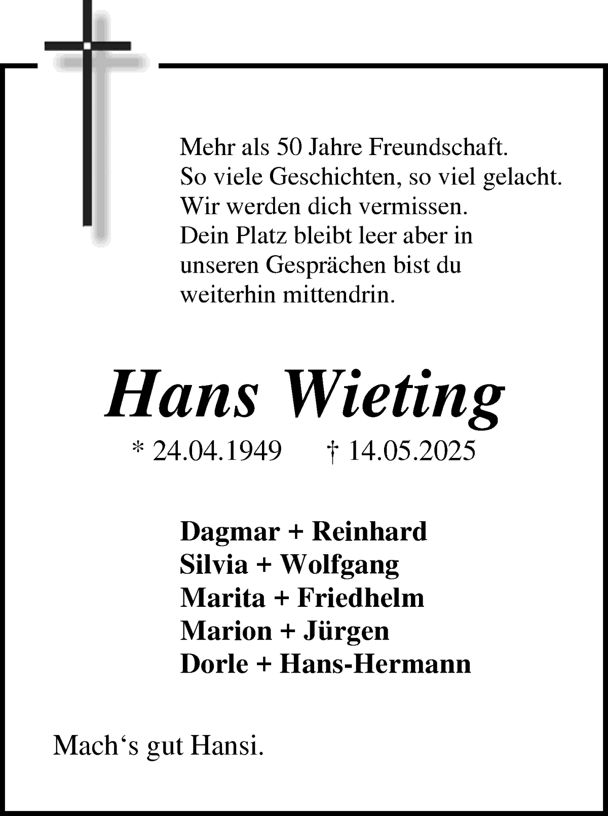 Traueranzeige von Hans Wieting von WESER-KURIER