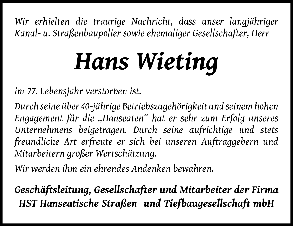 Traueranzeige von Hans Wieting von WESER-KURIER