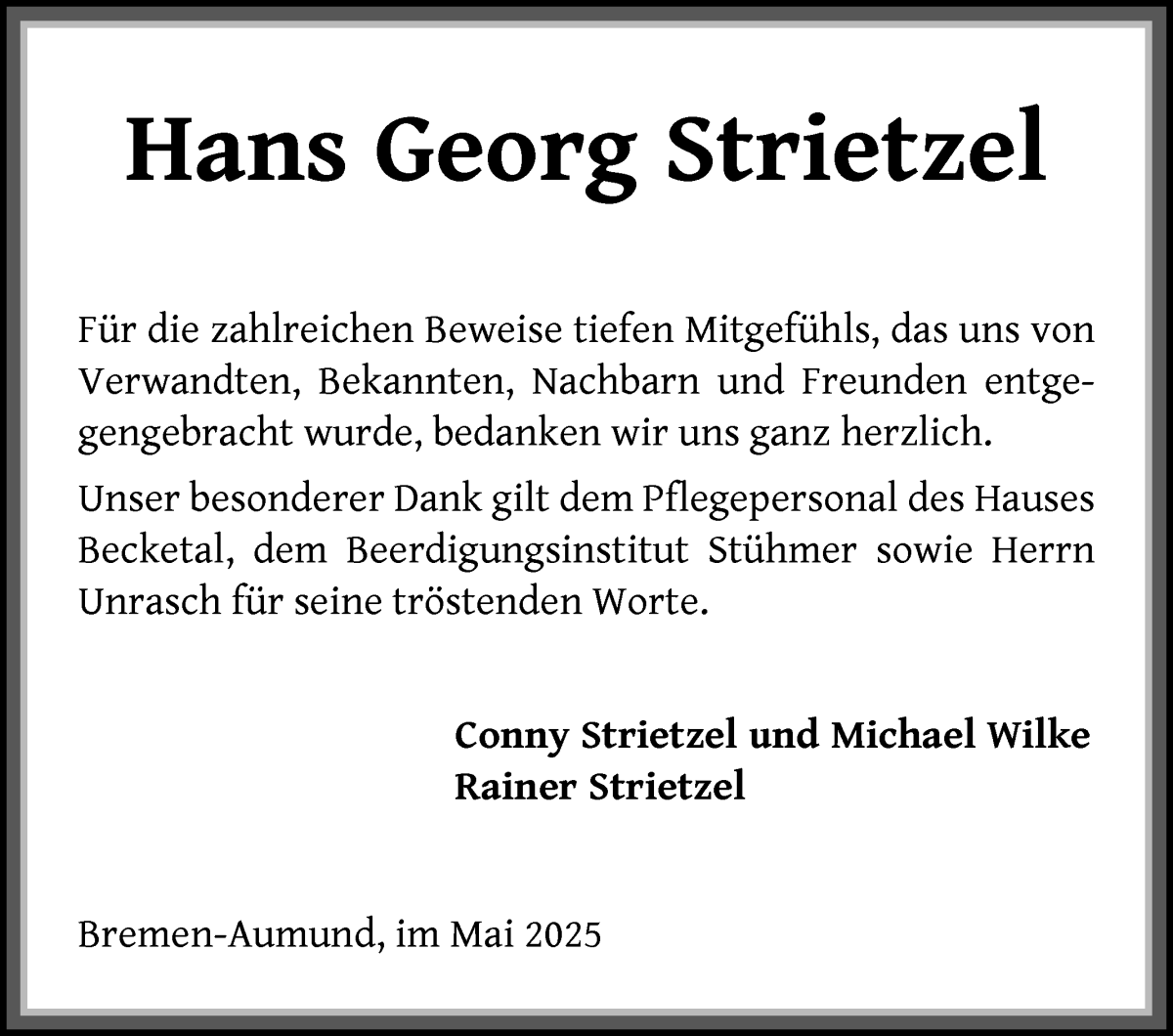 Traueranzeige von Hans Georg Strietzel von Die Norddeutsche