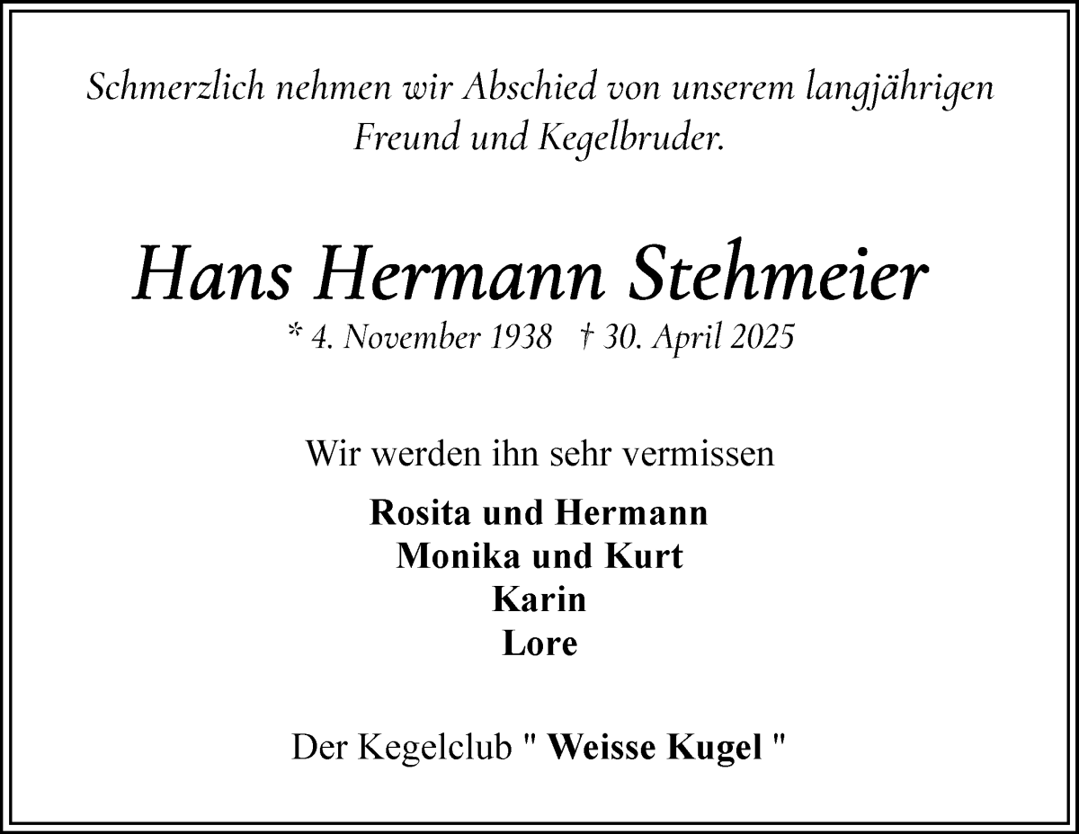 Traueranzeige von Hans Hermann Stehmeier von WESER-KURIER