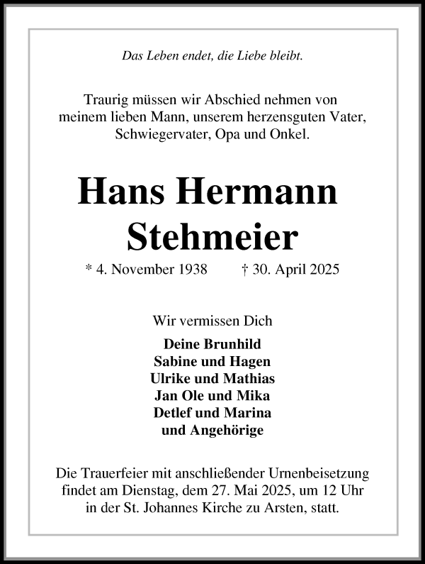 Traueranzeige von Hans Hermann Stehmeier von WESER-KURIER