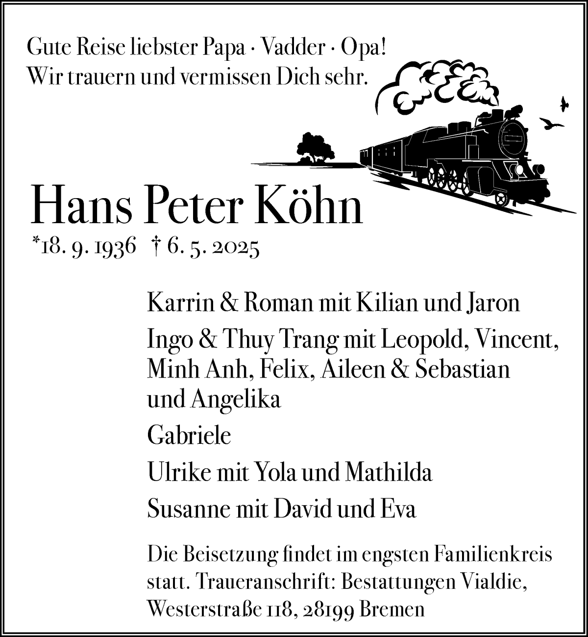 Traueranzeige von Hans Peter Köhn von WESER-KURIER