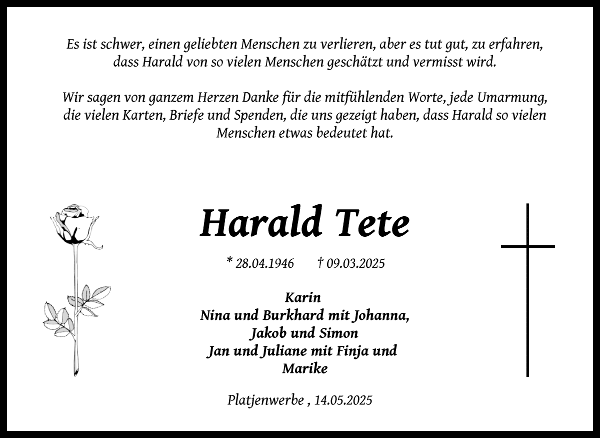 Traueranzeige von Harald Tete von Die Norddeutsche