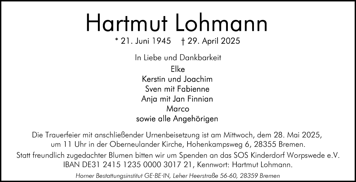 Traueranzeige von Hartmut Lohmann von WESER-KURIER