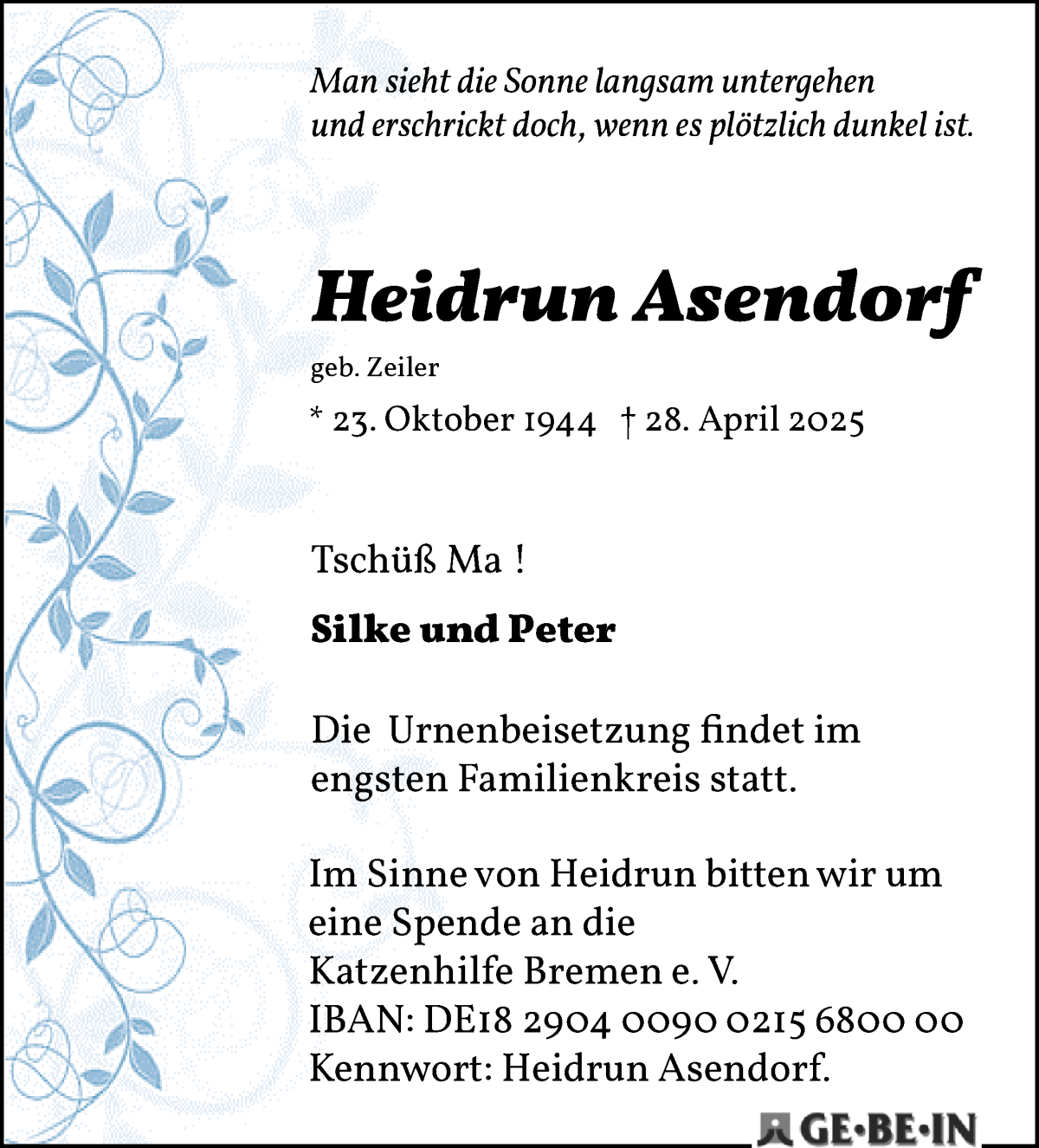 Traueranzeige von Heidrun Asendorf von WESER-KURIER