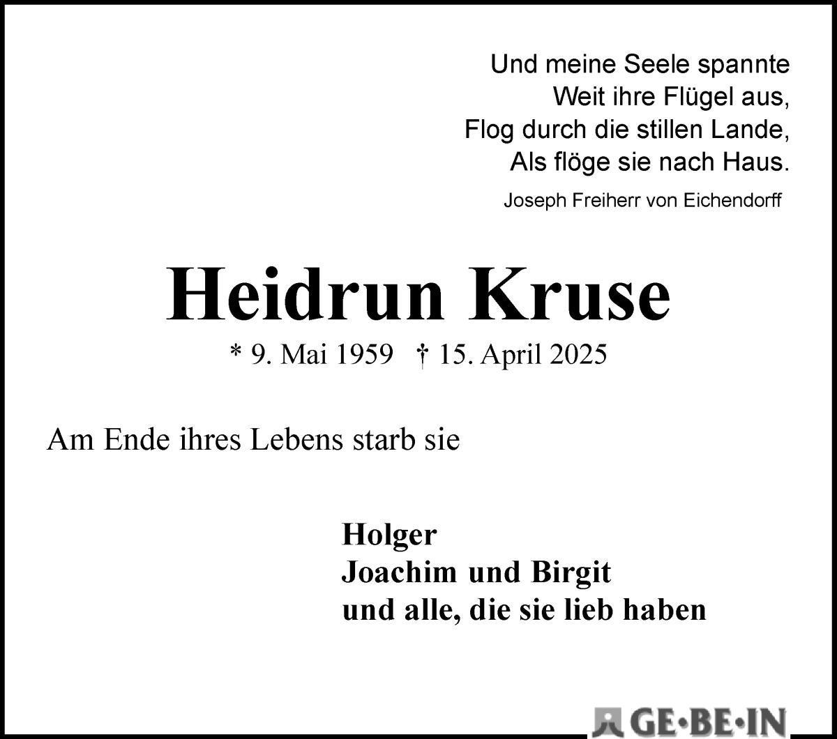 Traueranzeige von Heidrun Kruse von WESER-KURIER