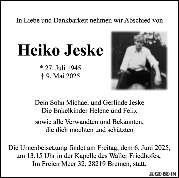 Traueranzeige von Heiko Jeske von WESER-KURIER