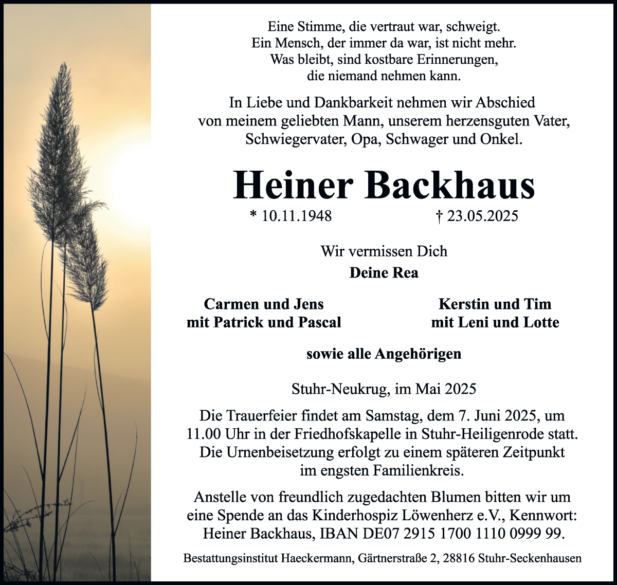 Traueranzeige von Heiner Backhaus von Regionale Rundschau/Syker Kurier