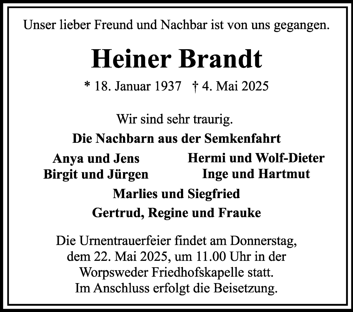 Traueranzeige von Heiner Brandt von Wuemme Zeitung