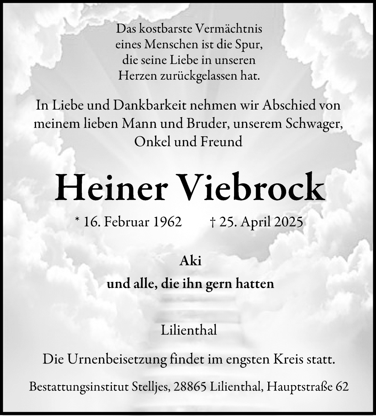 Traueranzeige von Heiner Viebrock  von Wuemme Zeitung