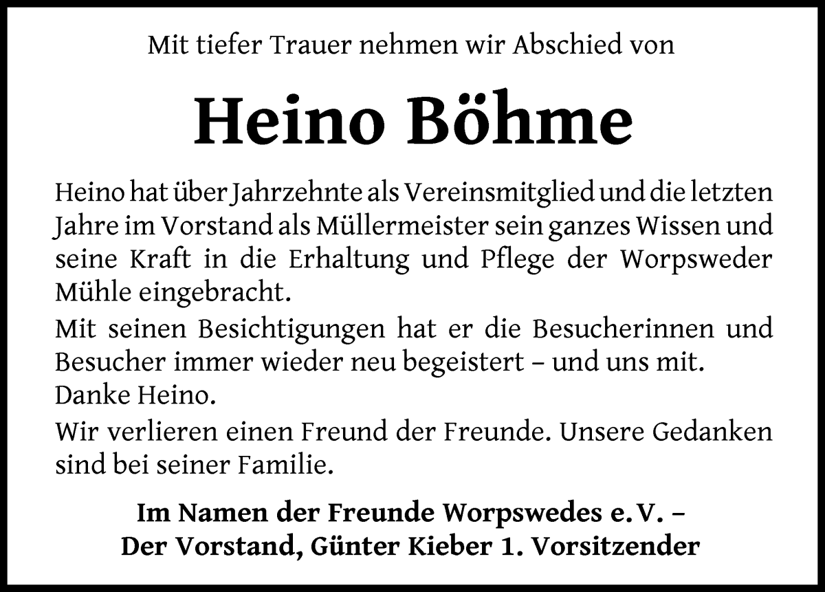 Traueranzeige von Heino Böhme von Wuemme Zeitung