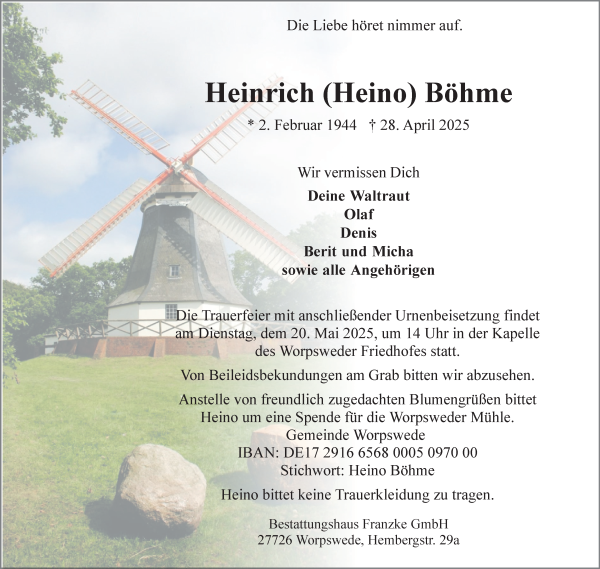 Traueranzeige von Heinrich Böhme von Wuemme Zeitung