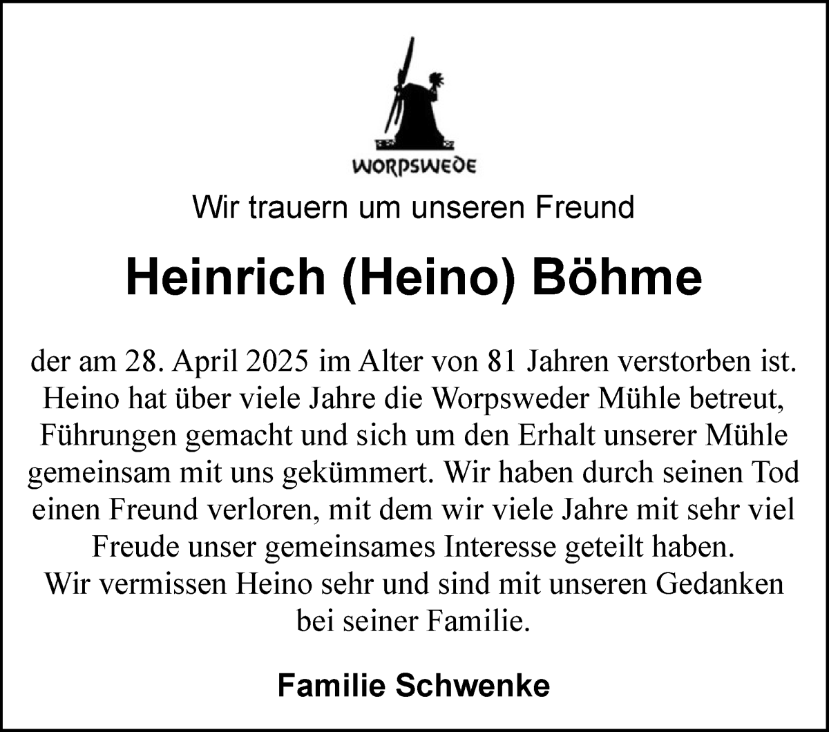 Traueranzeige von Heinrich Böhme von Wuemme Zeitung