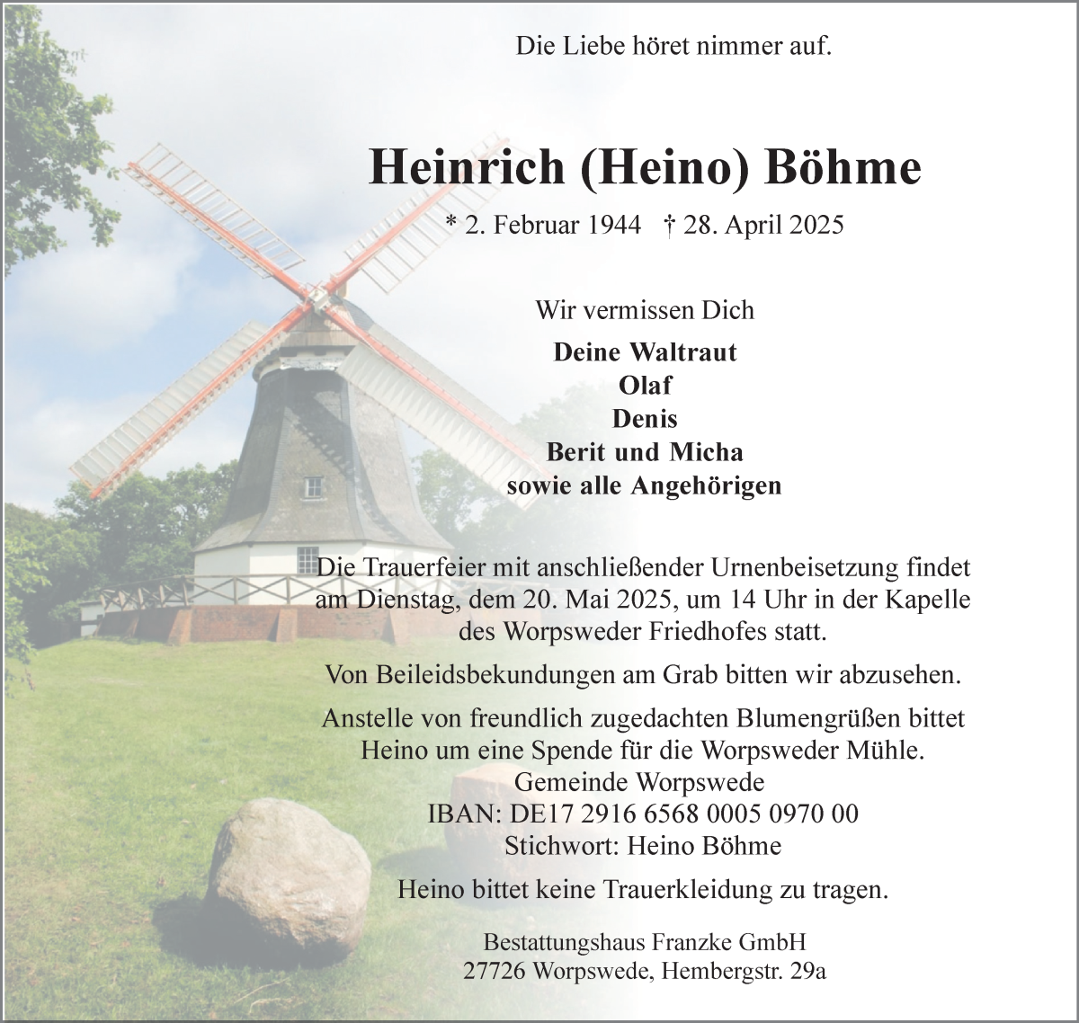 Traueranzeige von Heinrich Böhme von Wuemme Zeitung