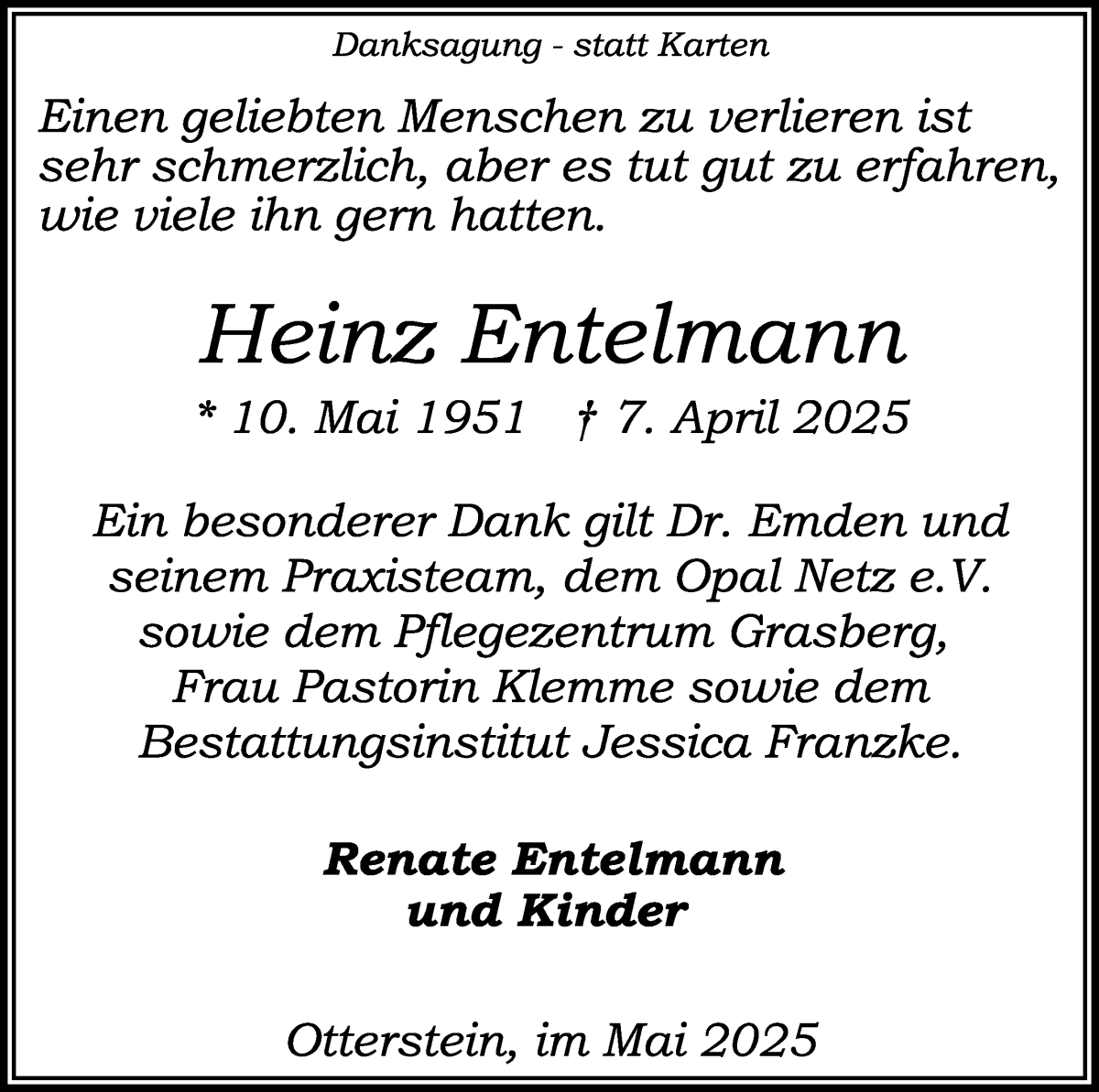 Traueranzeige von Heinz Entelmann von Wuemme Zeitung