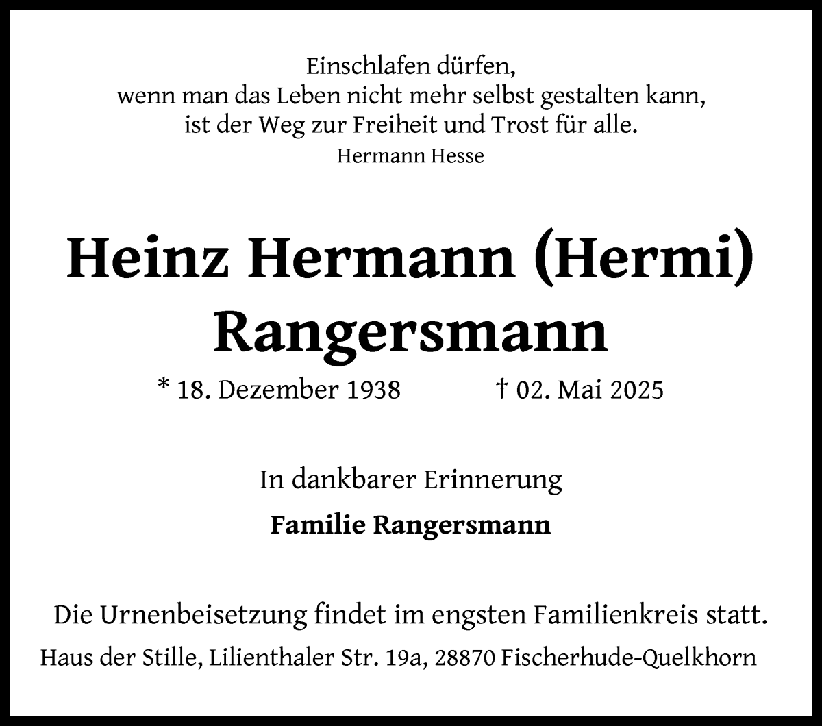 Traueranzeige von Heinz-Hermann ( Hermi) Rangersmann von WESER-KURIER