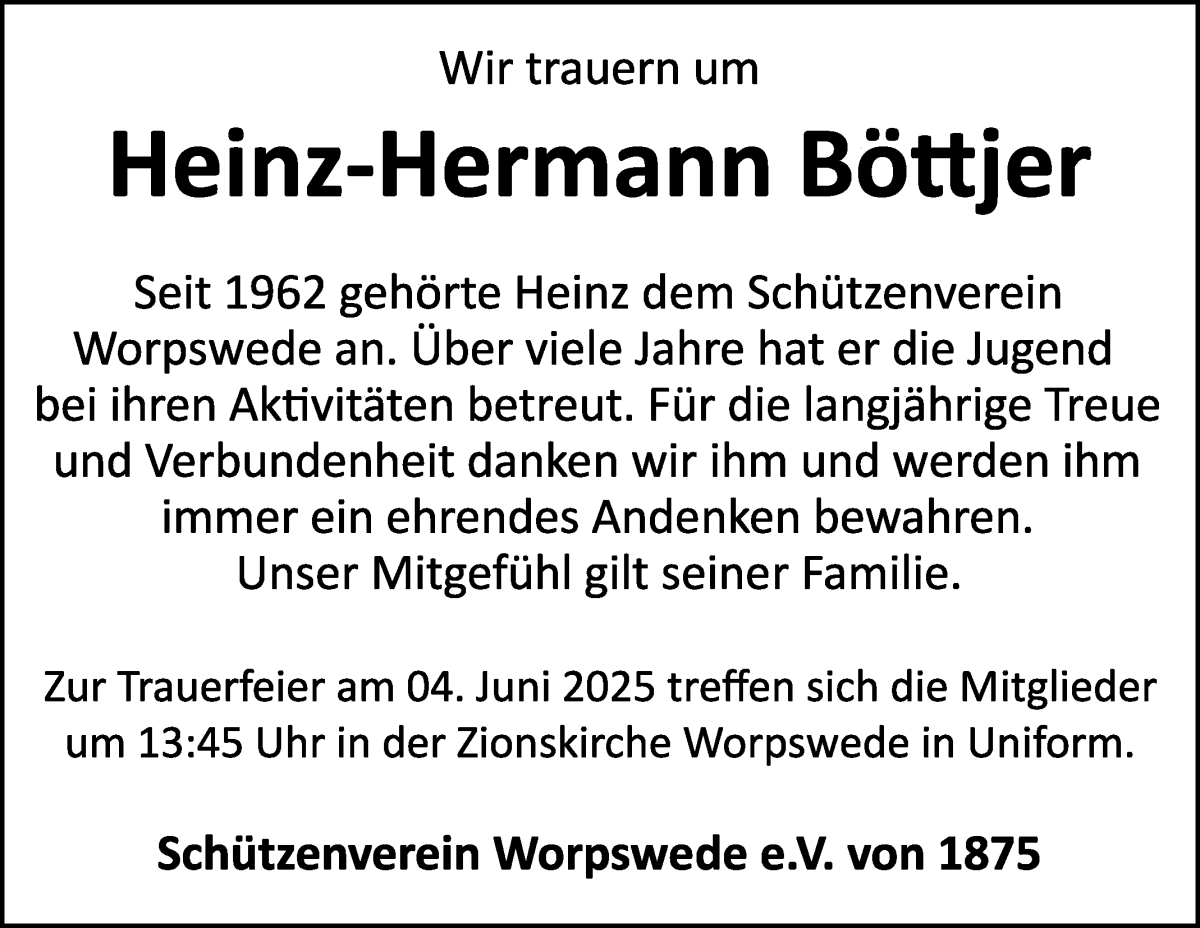 Traueranzeige von Heinz-Hermann Böttjer von Wuemme Zeitung