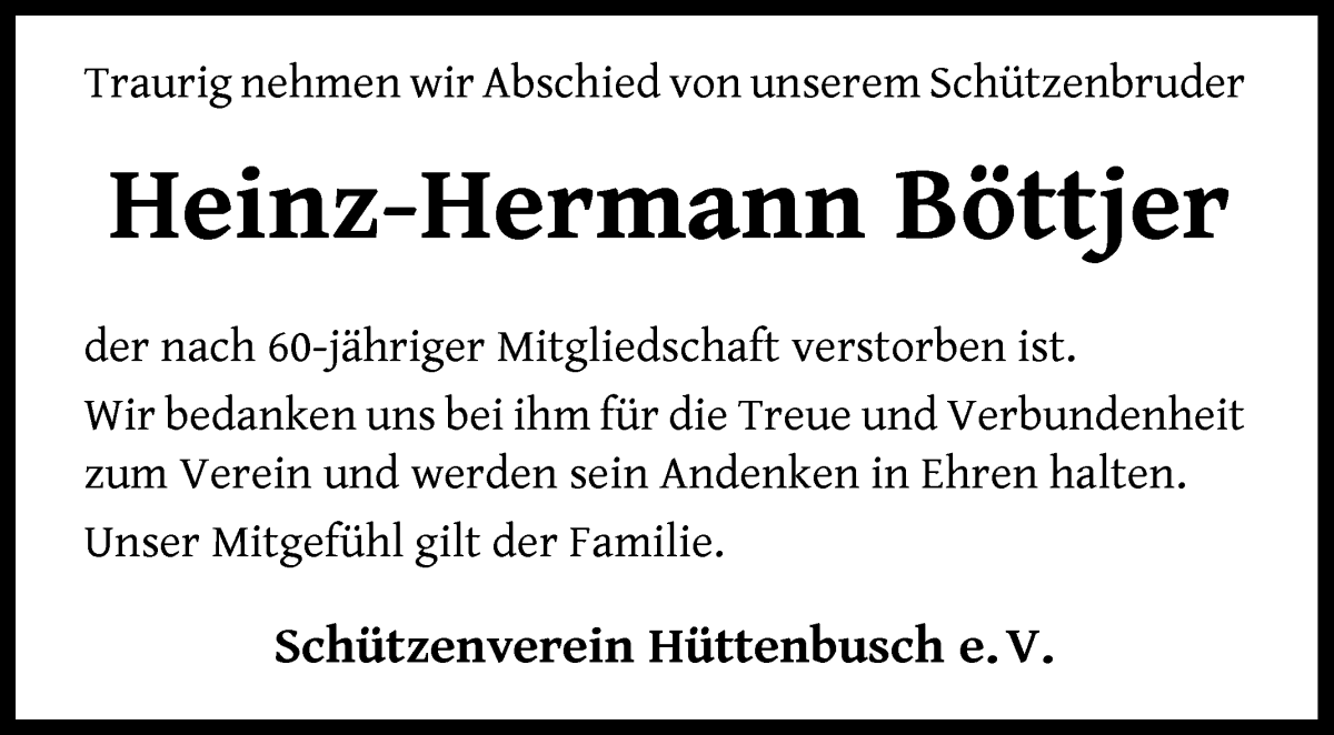 Traueranzeige von Heinz-Hermann Böttjer von Wuemme Zeitung
