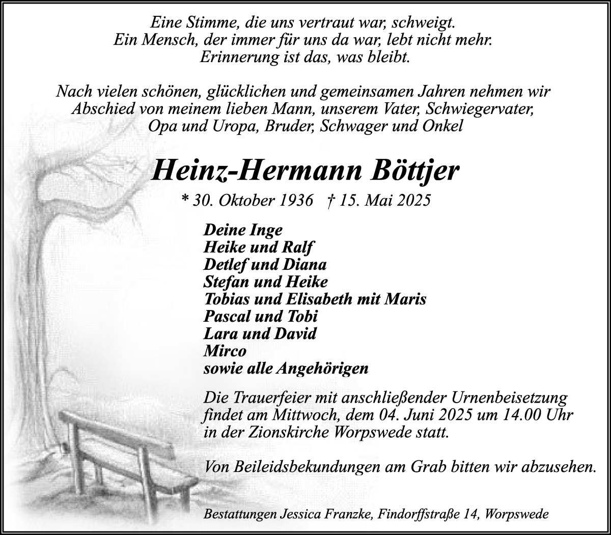 Traueranzeige von Heinz-Hermann Böttjer von Wuemme Zeitung