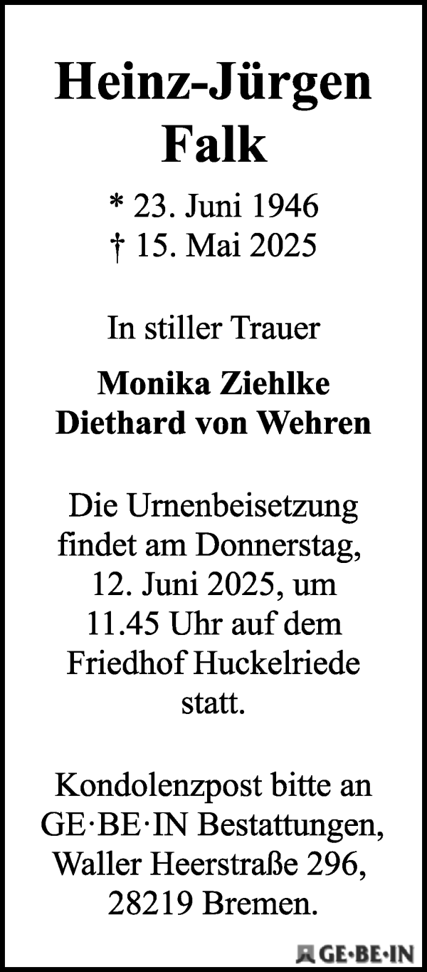 Traueranzeige von Heinz-Jürgen Falk von WESER-KURIER
