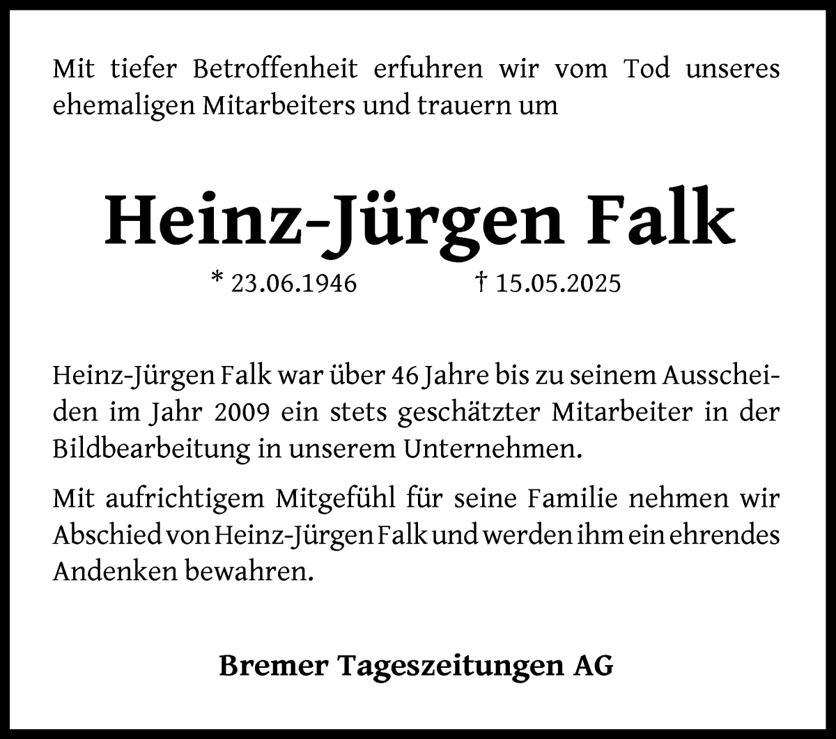 Traueranzeige von Heinz-Jürgen Falk von WESER-KURIER
