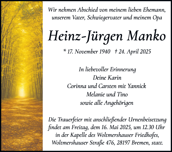 Traueranzeige von Heinz-Jürgen Manko von WESER-KURIER