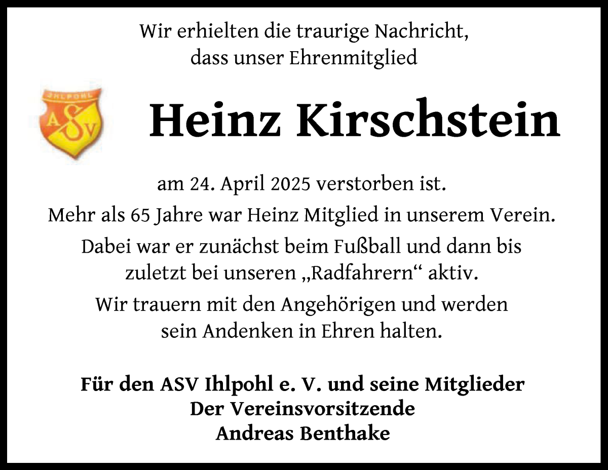 Traueranzeige von Heinz Kirschstein von Osterholzer Kreisblatt