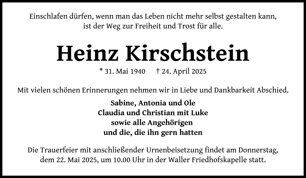 Traueranzeige von Heinz Kirschstein von WESER-KURIER