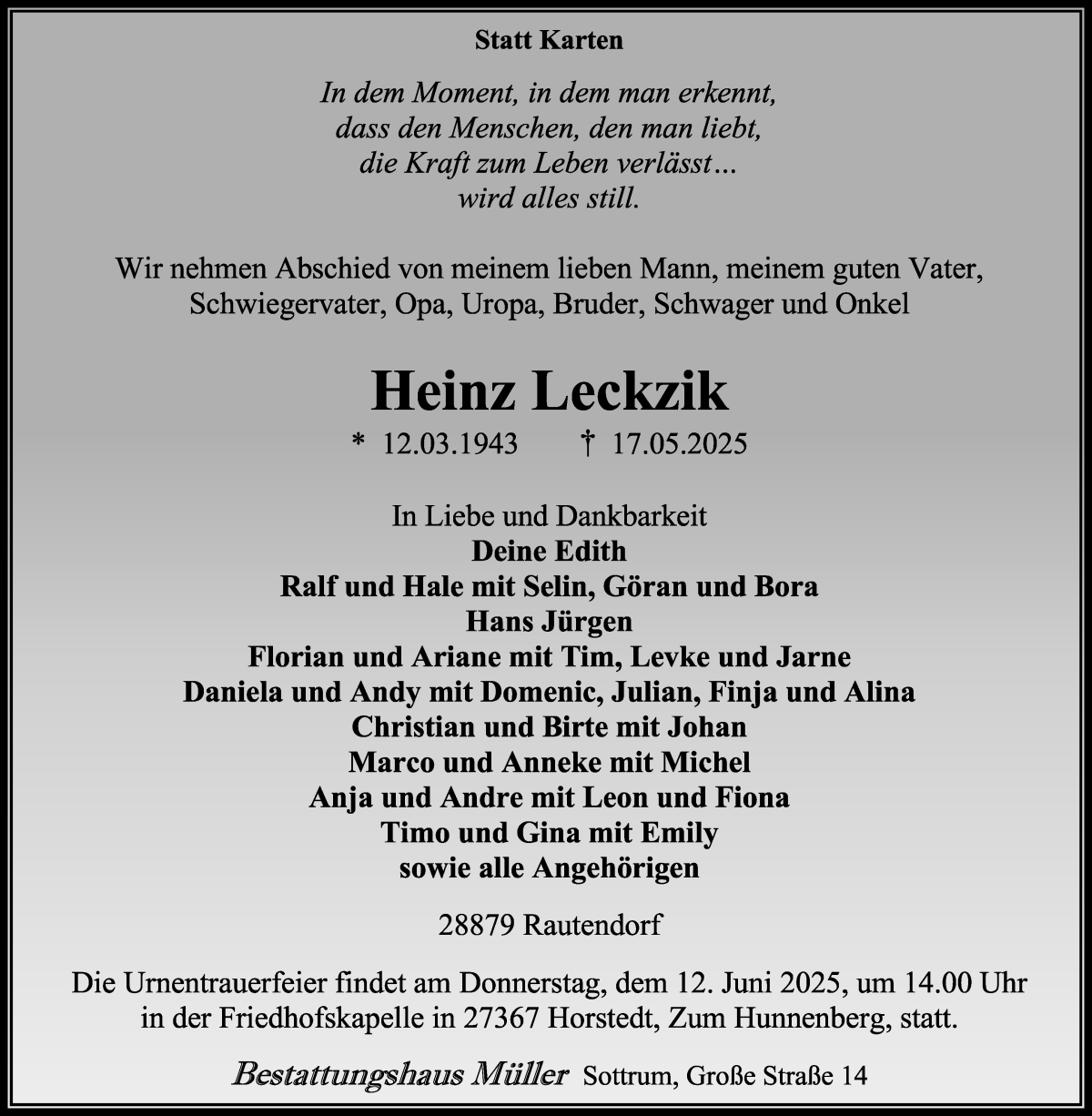 Traueranzeige von Heinz Leckzik von Wuemme Zeitung