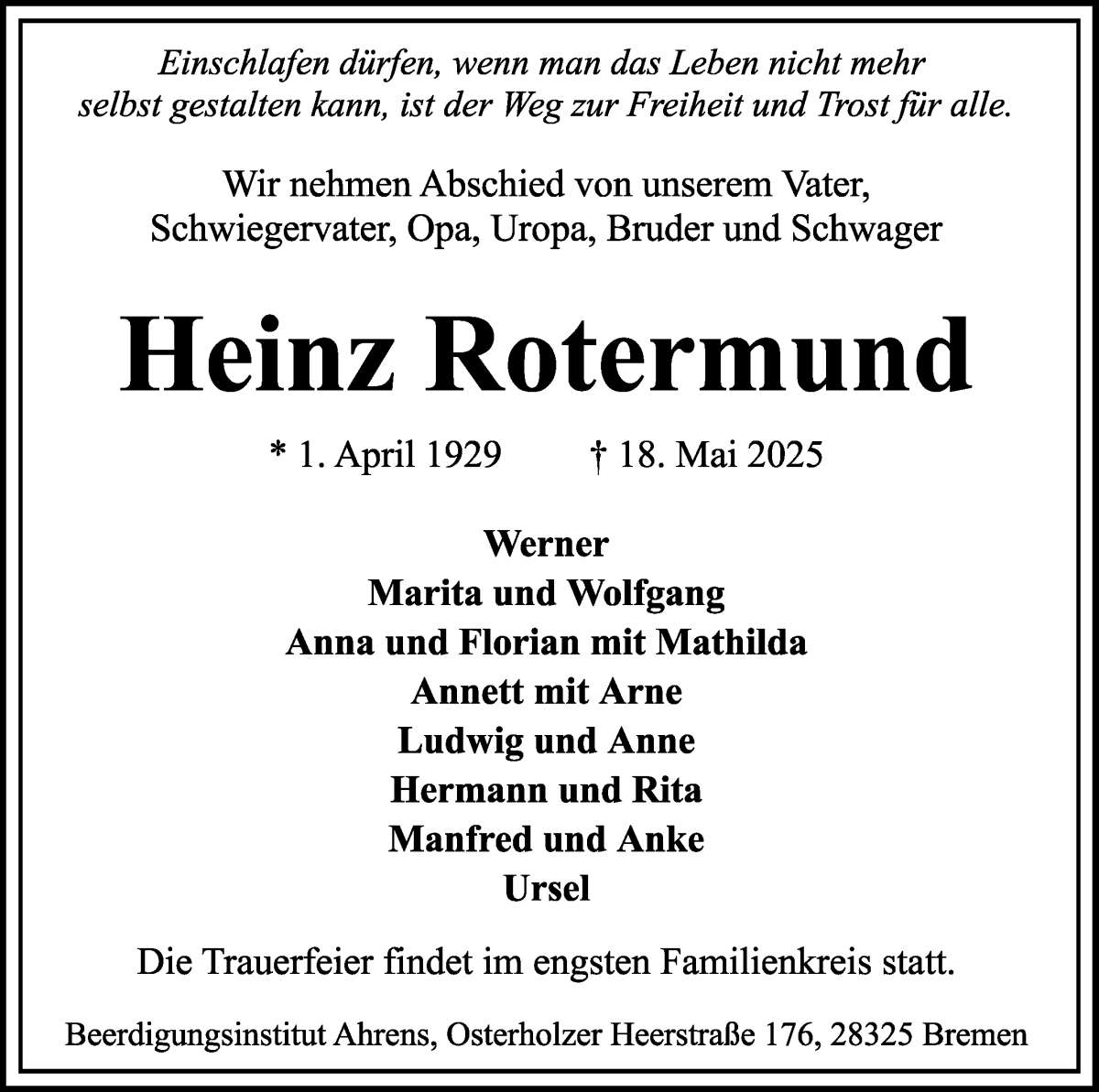 Traueranzeige von Heinz Rotermund von WESER-KURIER
