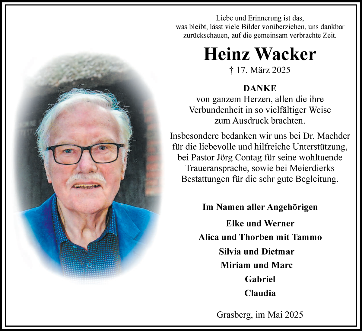 Traueranzeige von Heinz Wacker von Wuemme Zeitung
