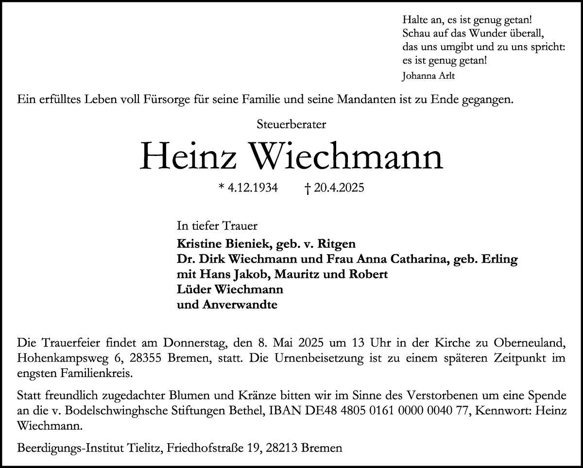 Traueranzeige von Heinz Wiechmann von WESER-KURIER