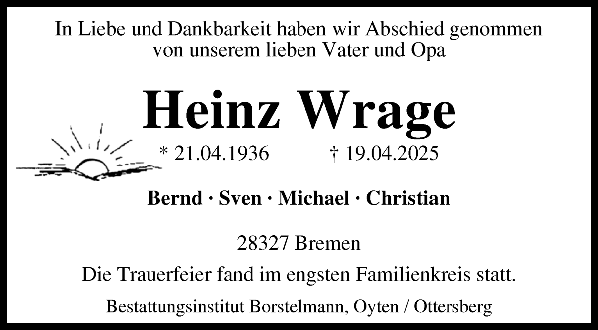 Traueranzeige von Heinz Wrage von WESER-KURIER