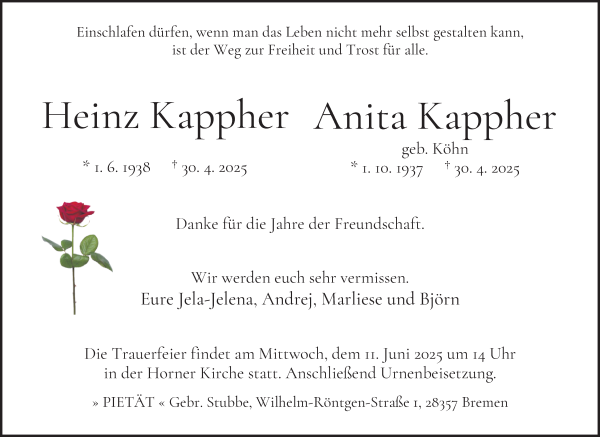 Traueranzeige von Heinz und Anita Kappher von WESER-KURIER