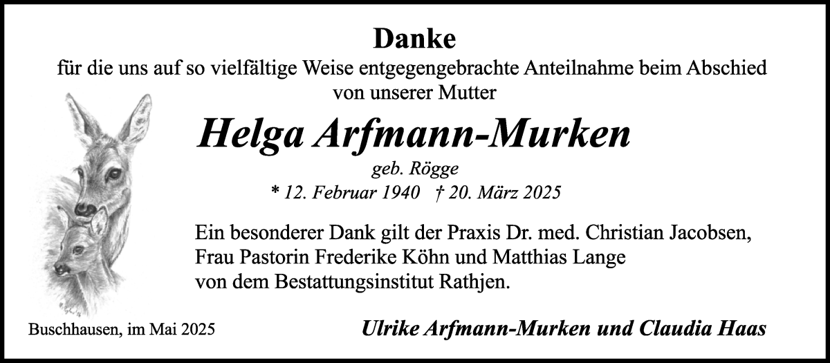 Traueranzeige von Helga Arfmann-Murken von Osterholzer Kreisblatt