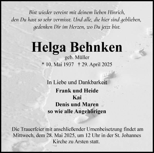 Traueranzeige von Helga Behnken von WESER-KURIER