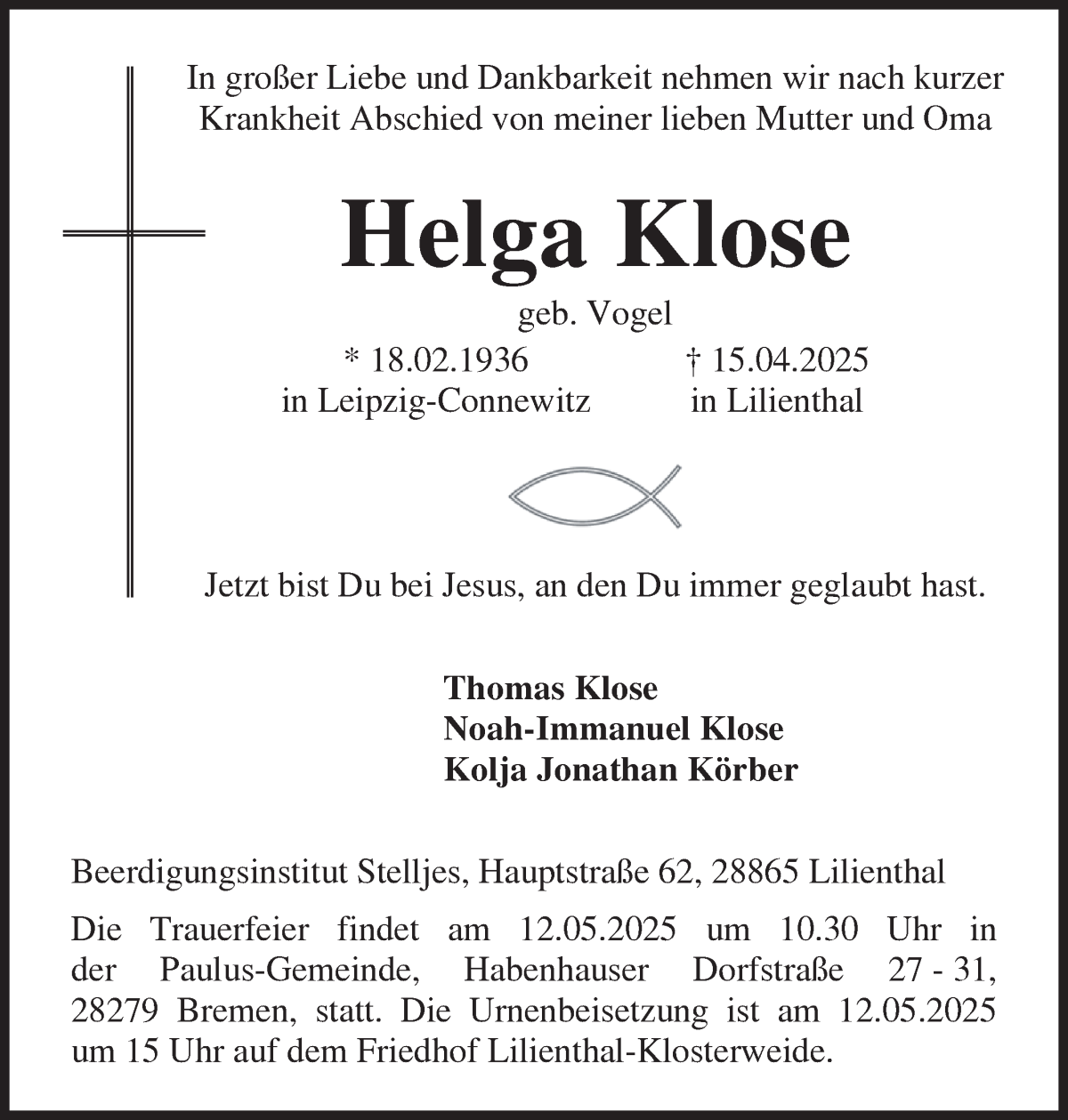 Traueranzeige von Helga Klose von Wuemme Zeitung