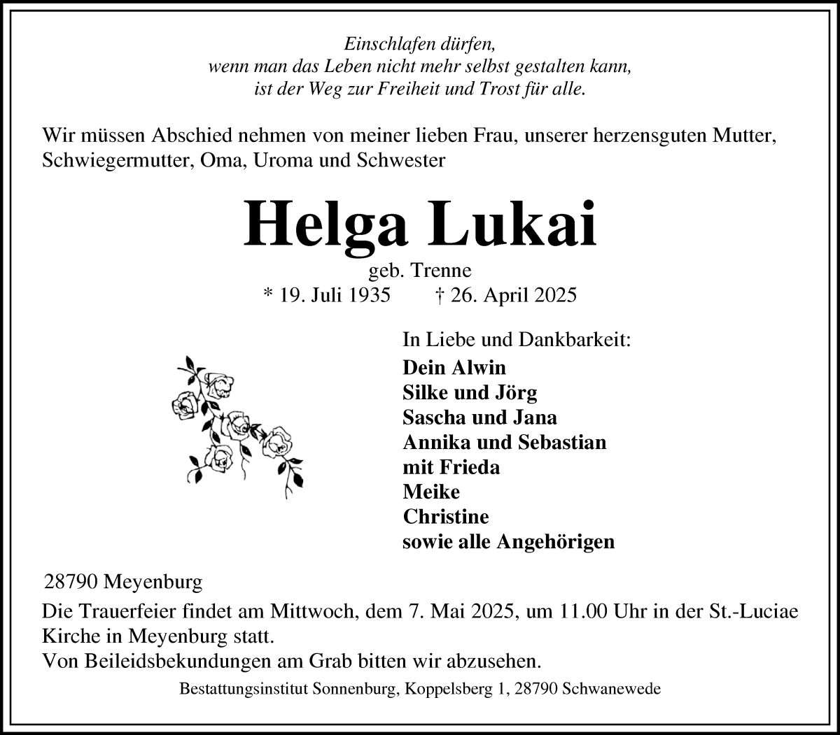 Traueranzeige von Helga Lukai von Die Norddeutsche