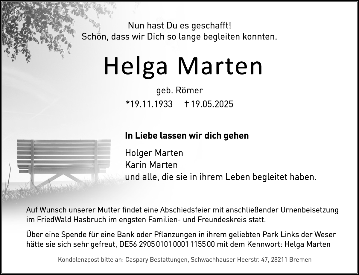 Traueranzeige von Helga Marten von WESER-KURIER