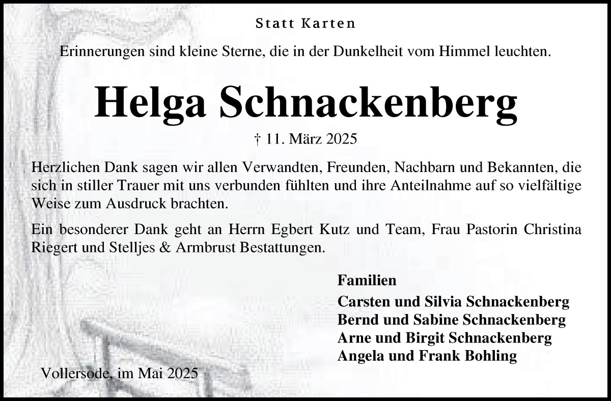 Traueranzeige von Helga Schnackenberg von Osterholzer Kreisblatt