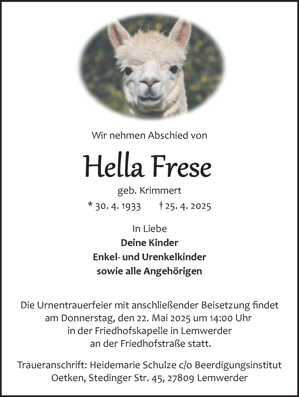 Traueranzeige von Hella Frese von Die Norddeutsche
