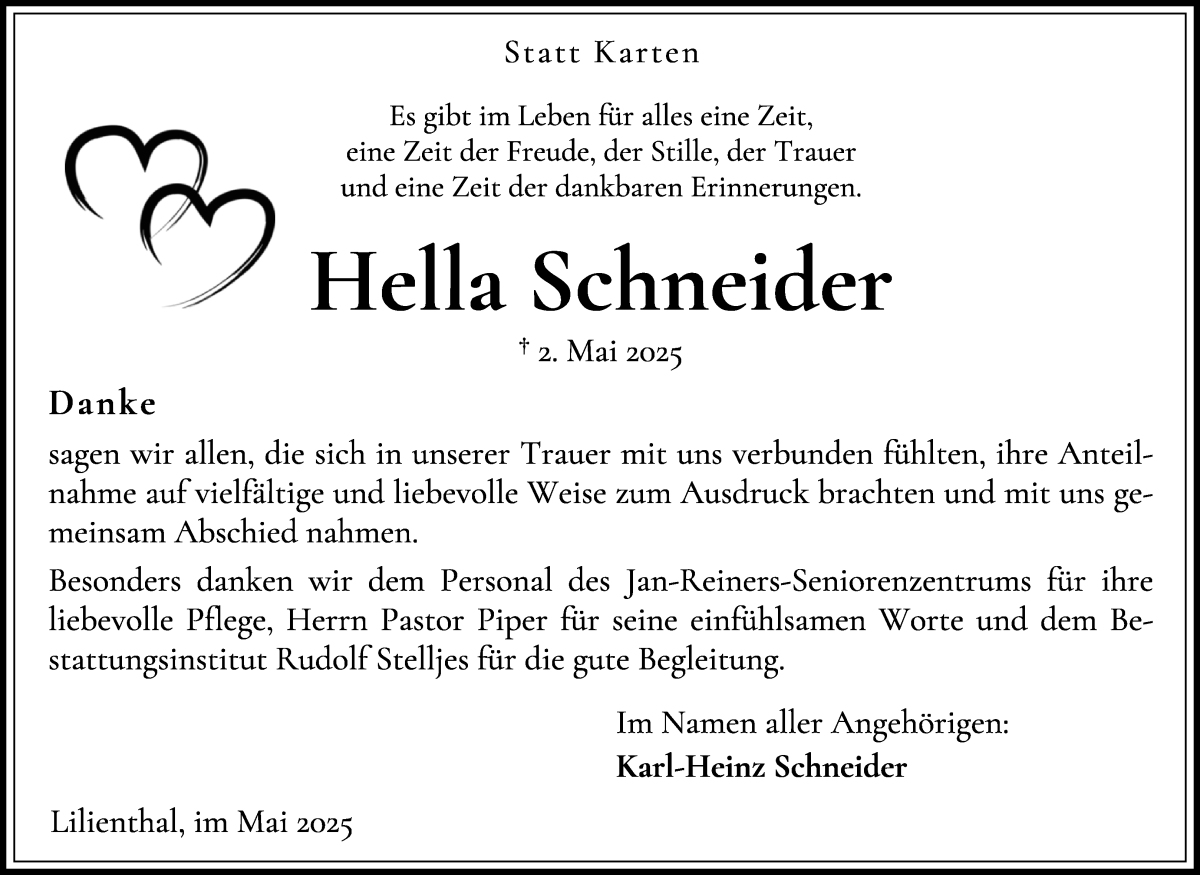 Traueranzeige von Hella  Schneider von Wuemme Zeitung