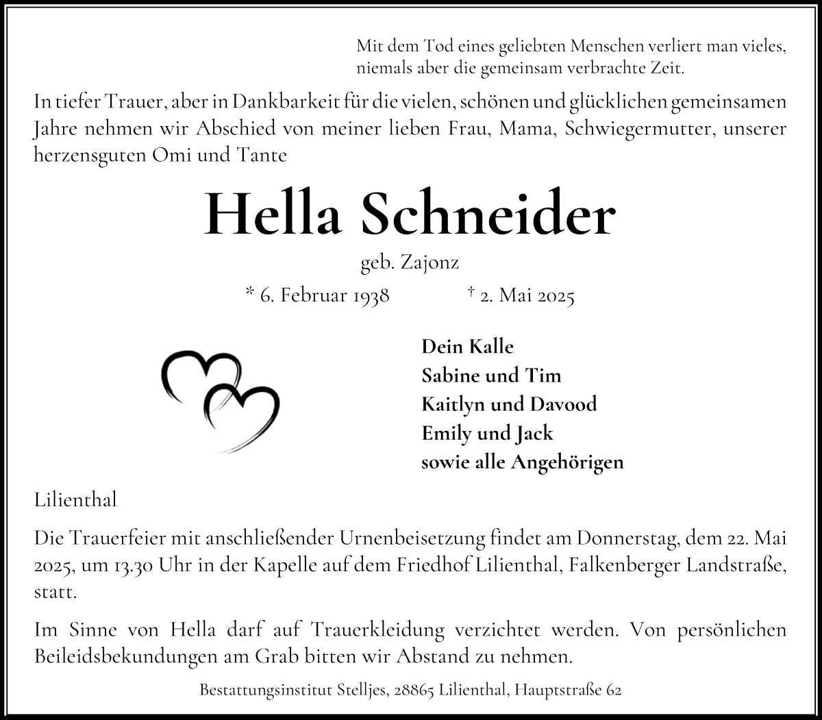 Traueranzeige von Hella  Schneider von Wuemme Zeitung
