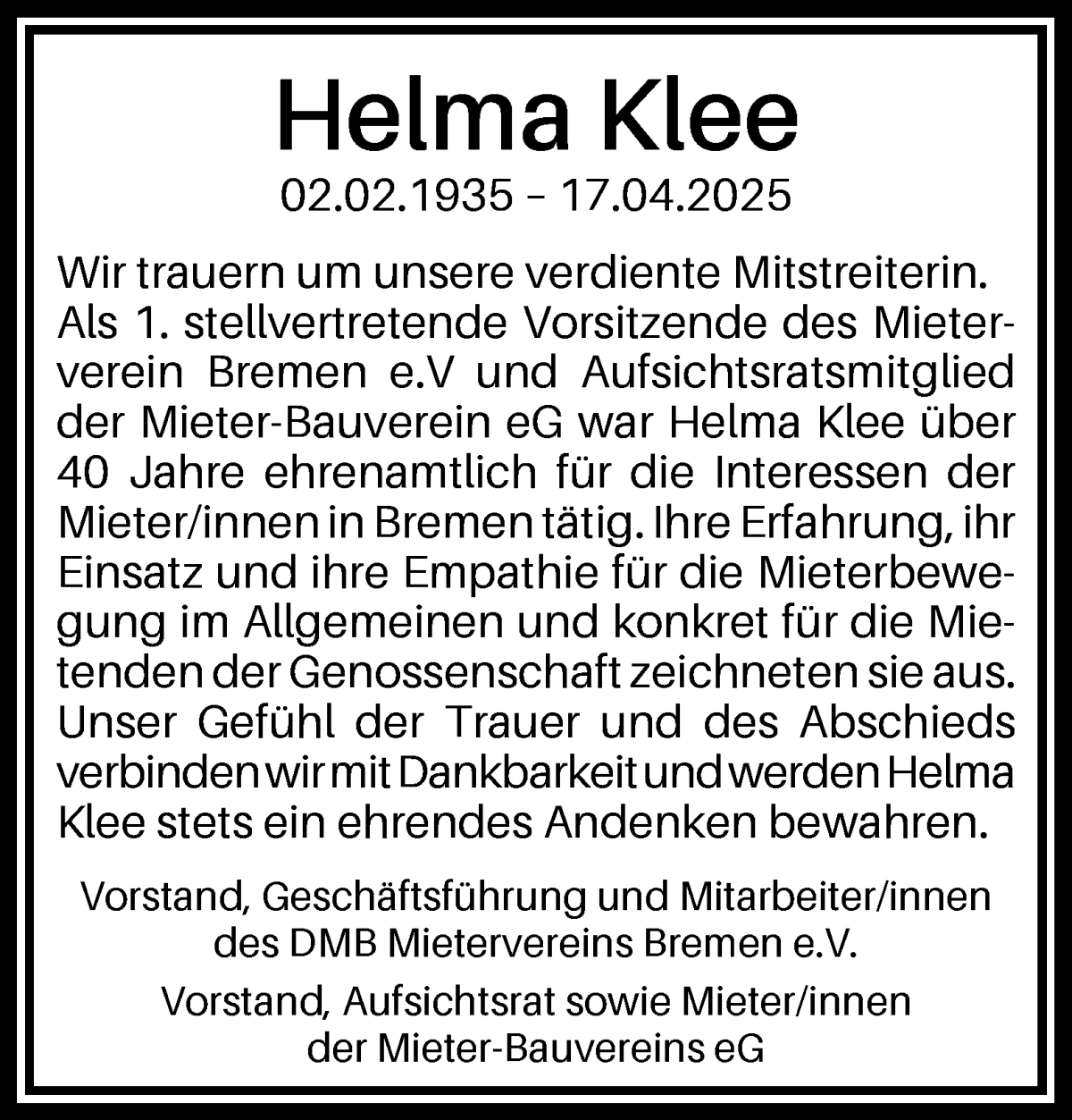 Traueranzeige von Helma Klee von WESER-KURIER