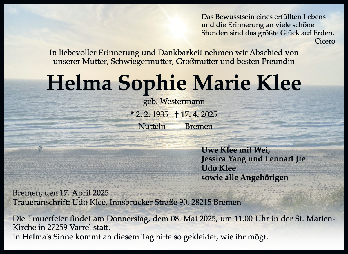 Traueranzeige von Helma Sophie Klee von WESER-KURIER