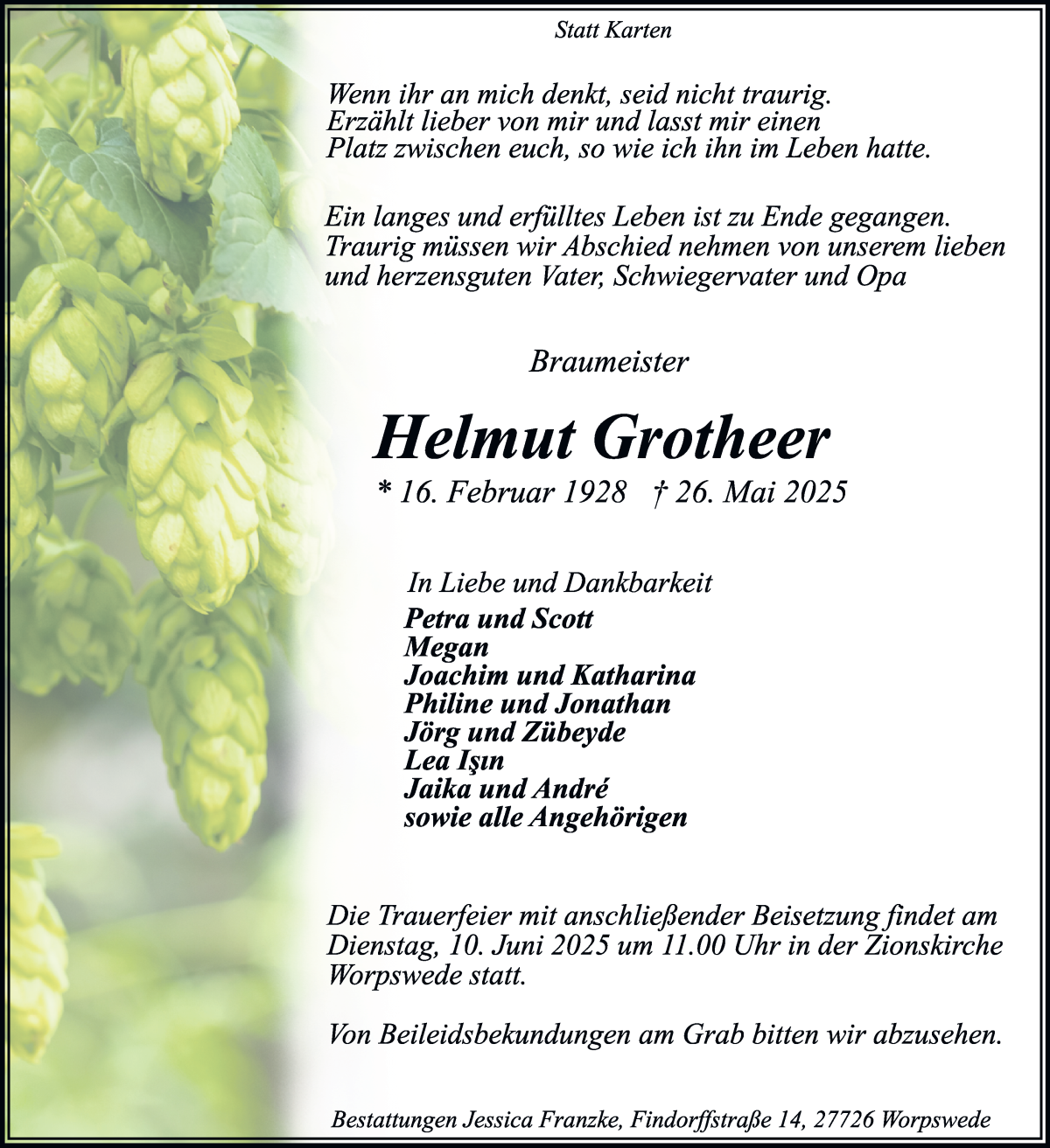 Traueranzeige von Helmut Grotheer von Wuemme Zeitung
