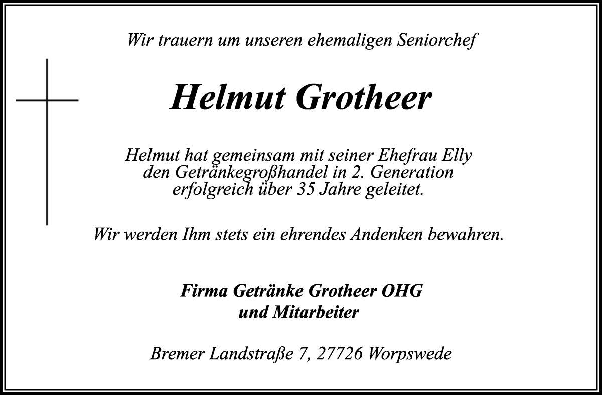 Traueranzeige von Helmut Grotheer von Wuemme Zeitung